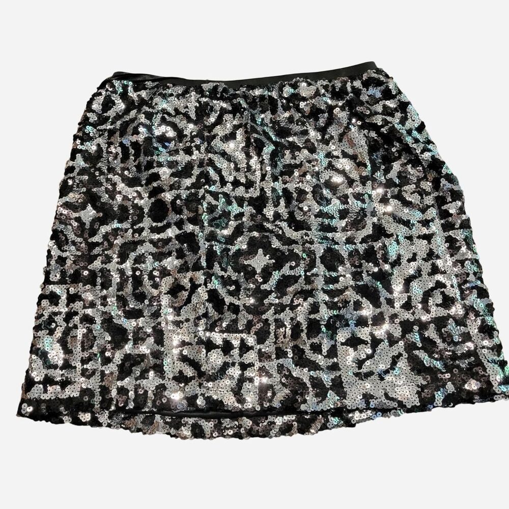 Paraella Sequin Black Silver Mini Skirt pull on elastic Party Glam Night Out